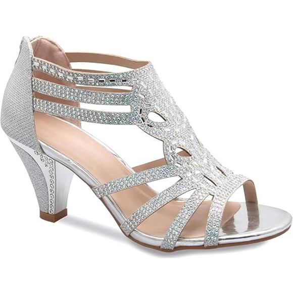 New Forever Olivia K Womens Size 7.5 Silver Glitter Open Toe 3" Rhinestone Heels - Picture 1 of 3